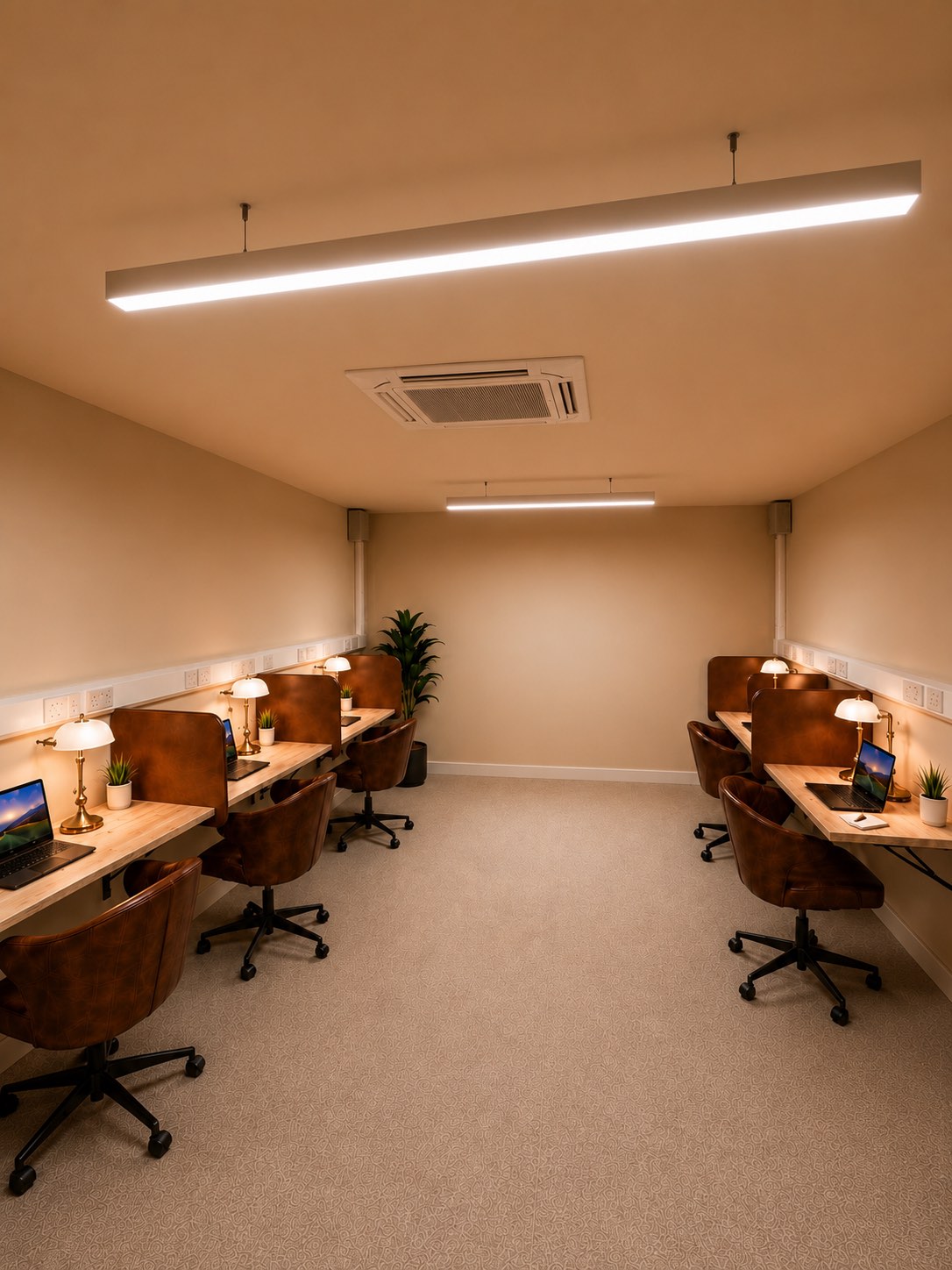 The coworking room at MOGA, with desk bays, task lamps and leather chairs